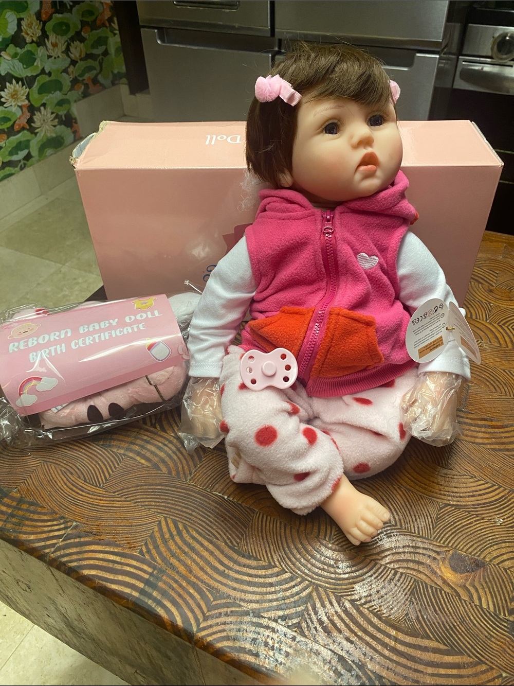 New with Tags and Box Reborn Baby Doll - Pink Hooded Outfit with Polka Dot Pants